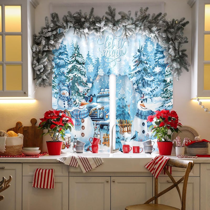 FuWeave Christmas Kitchen Curtains 3 Piece Set Blue Snowman Window Curtains and Valance Set Xmas Curtain Swag for Kitchen Bedroom Living Room Decor, 60 x 36 Valance, 36 x 30 Tier - Image 4